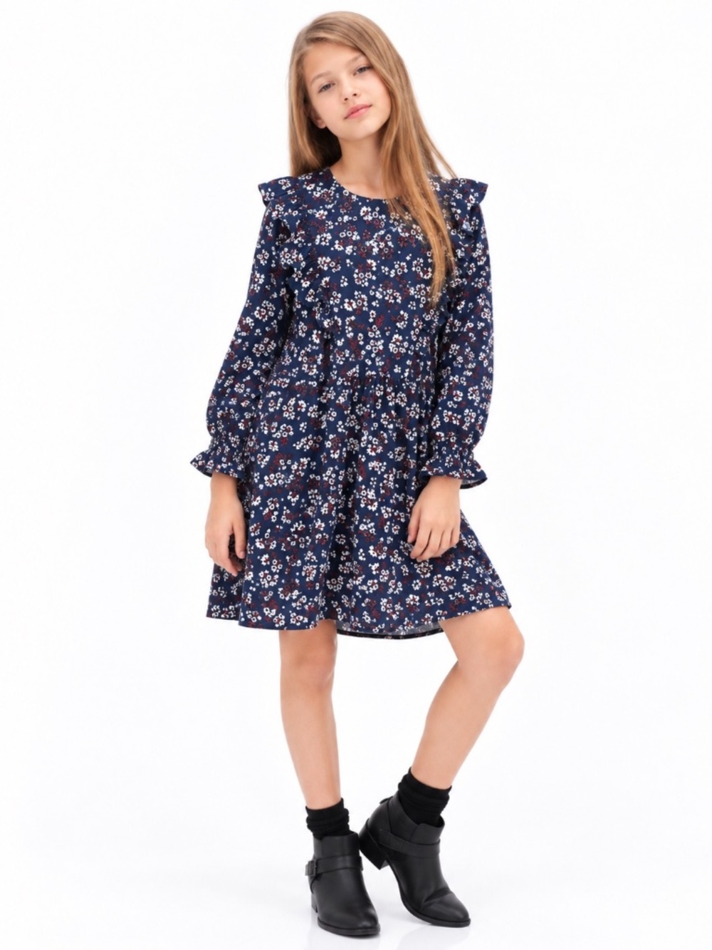Mango navy blue floral flounced dress